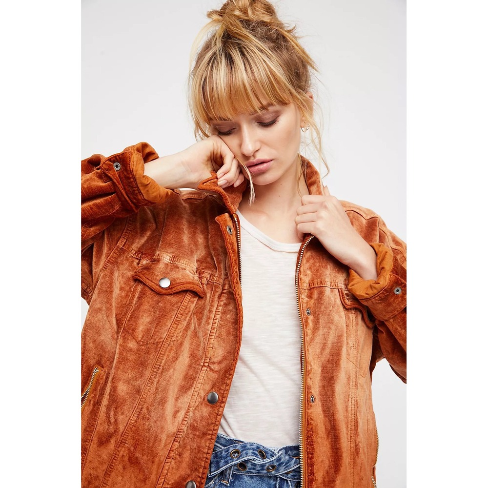 Free People Velvet Trucker Jacket Rust Orange Oversized XS/S
